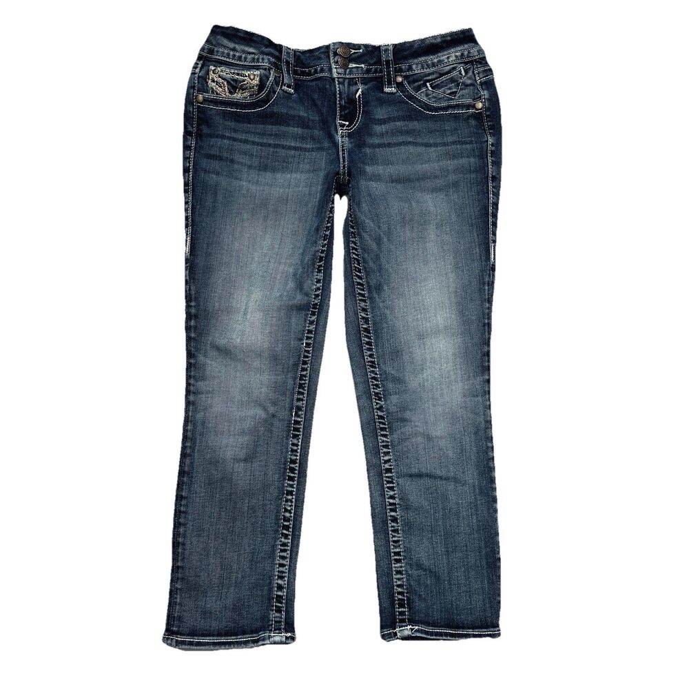 Vigoss Chelsea Capri Jeans 3/4 (28x23) Blue Embroidered Stretch Denim Juniors